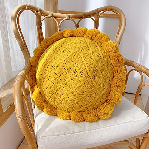 IXITON Rundes Kreatives Strickkissen Pompoms Kissen Sonnenblumenkissen Dekokissen Wurfkissen mit Einlage Plüschkissen für Couch Sofa Bett, 50cm (hellgelb) von IXITON