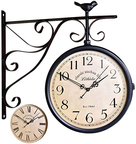IXMLDAXD Doppelseitige Wanduhr, Wanduhr im Vintage-Antik-Look mit wasserdichter Abdeckung for den Innengarten, hängende Dekoration(4) von IXMLDAXD