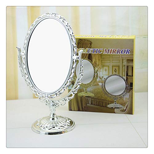 IXMLDAXD Kosmetikspiegel, Schminkspiegellampe Retro Schminkspiegel Desktop Drehbarer Spiegel Doppelseitiger Vergrößerungs-Desktop-Ovalspiegel(Silver) von IXMLDAXD