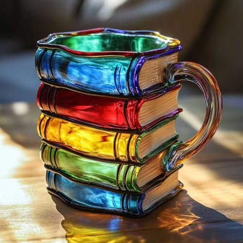 IXPIUZB Gemalte Buchtasse, 325 ml, 3D-bemalte Bücher, Kaffeetasse, einzigartige bunte Harzbücher, stapelbar, Kaffeetasse, Büchertee, Teesammlung, Geschenke für Leser, Bibliothekare, Literaturliebhaber von IXPIUZB