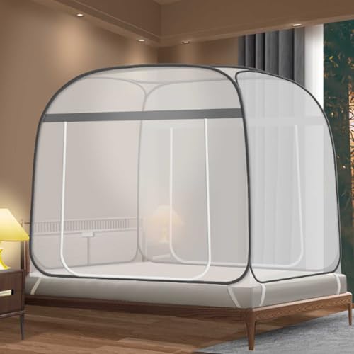 Pop-Up-Moskitonetz für Bett mit Unterseite, einfaches Pop-Up-Bettzelt mit 2 Moskitonetz-Öffnungen, vollständiges Design mit ultrafeinem Netz, für Indoor/Outdoor, Camping, Reisebetthimmel von IXPIUZB