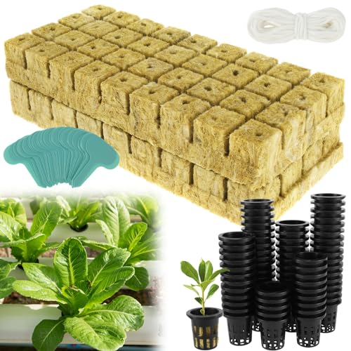 IXTIX 72 Sets Steinwollwürfel für Hydrokultur mit Netztöpfen +30 Etiketten+10 Meter Baumwollseil, Bodenlose Hydroponik zur Samenkeimung und Setzlingsaufzucht von IXTIX