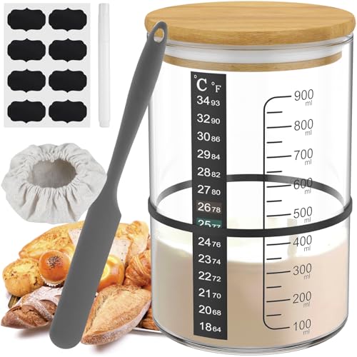 8pcs Sauerteig Starter Jar 900ml Sauerteigstarter Behälter Sauertough Starter Tasse Breitem Mund mit Holzdeckel Thermometer Streifen Spatel Gummi Stoffdeckel Label Stift zum Backen von Sauerteigbrot von IXTIX