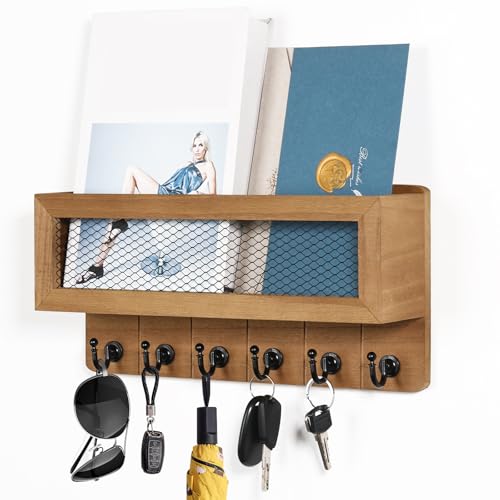 IXTIX Schlüsselbrett Holz 33 * 17 * 9cm mit Aufbewahrungskorb und 6 Vintage Schlüsselhaken Großer Stauraum Schlüsselhalter Retro für Eingang Flur Büro (Holz) von IXTIX