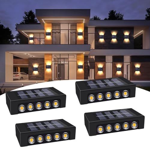 IXYHKB Solar LED Wandleuchte, 4 Stück 10 LEDs Solar Wandleuchte Aussen, IP65 Wasserdicht Solarleuchte für Außen Wand, Solar Wandleuchte Up & Down Light Dekorative, Solarlampen für Außen Wand, Warmweiß von IXYHKB