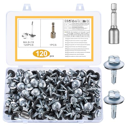 120 Stück Trapezblechschrauben Selbstschneidende Schrauben, 4,8 x 19 mm Spenglerschrauben mit Dichtscheibe, Bohrschrauben Dachschrauben mit Dichtscheibe für Dachblech Trapezblech Schrauben mit Bit von IYEREER