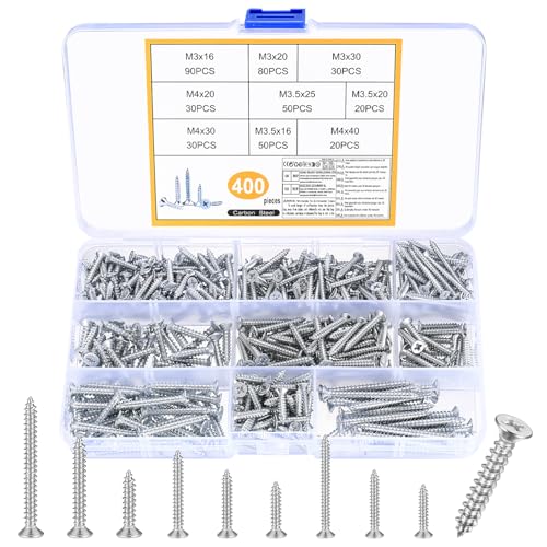 400 Stück M3 M3.5 M4 Holzschrauben Set, Selbstschneidende Schrauben Holzschrauben Sortiment, Kreuzschlitz Senkkopf Schraubenset Blechschrauben für Möbel Beton Holzbearbeitung, Silber von IYEREER