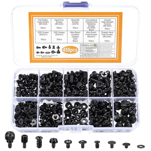 450 Stk PC Schrauben Set, Mainboard Abstandshalter Set, Computer Schrauben Standoffs Schwarz für Reparatur PC Gehäuse Laptop Komponenten CD-ROM Festplattenschrauben Lüfterschrauben Zubehör von IYEREER