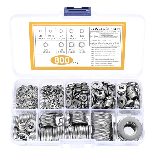 800 x Flach Unterlegscheiben Set, Edelstahl Sicherungsscheiben Beilagscheiben Sortiment, Passscheiben Distanzscheiben Unterlegscheiben für Schrauben, M2 M2.5 M3 M4 M5 M6 M8 M10 M12 von IYEREER