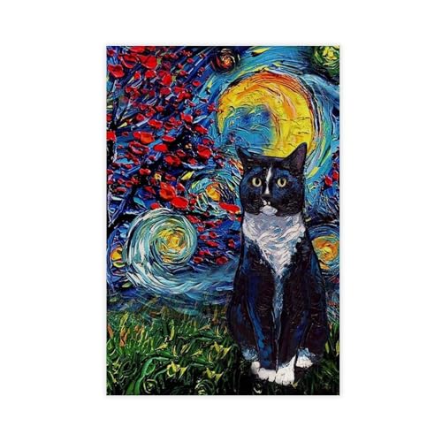 IYTAFGYT Sternennacht-Kürbis-Smoking-Katze, Halloween-Dekor, Leinwand-Poster, Schlafzimmer, Landschaftsdekoration, Geschenk, 60 x 90 cm von IYTAFGYT