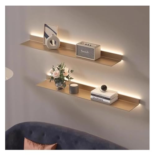 IYUESQ Schwebende Wandregale mit LED-Licht, an der Wand montierte lichtemittierende Regale, Metall-Display-Bücherregal, Lagerregal für das Wohnzimmer, nur 1 Stück (Gold, 100 x 20 cm) von IYUESQ