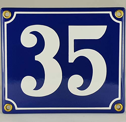 Hausnummer Emaille Schild Nr. 35 Blau-Weiß "Handarbeit" mit Schrauben und Dübel zur Montage von IYVYI