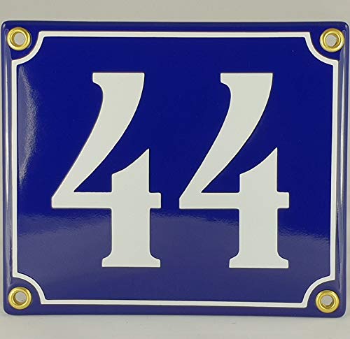 Hausnummer Emaille Schild Nr. 44 Blau-Weiß "Handarbeit" mit Schrauben und Dübel zur Montage von IYVYI