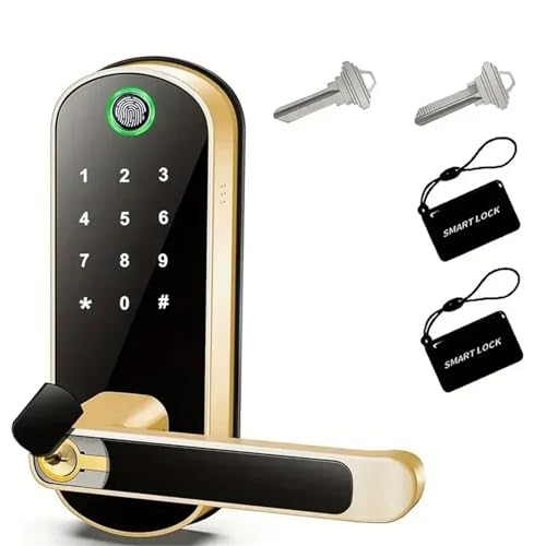 IZHAOGJING Türschloss Fingerabdruck,Elektronisches Türschloss Smart-Fingerprint Türschloss App Fernbedienung Digitale Touchscreen Schloss Wasserdicht mit 2 Karten(Gold) von IZHAOGJING