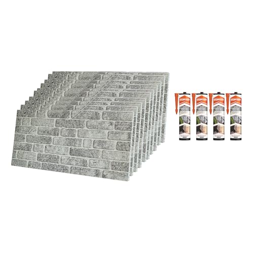 IZODEKOR Styropor 3D Wandpaneele Bausatz - Wandverkleidung mit Klebstoff Abdichten | Weiss Grau (10 x Stück Paneele & 4 x Klebstoff Abdichten enthalten) von IZODEKOR