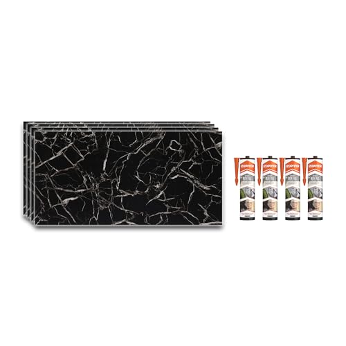 IZODEKOR Wandverkleidung Marmoroptik -4er 120x60cm- Alternative zu Badfliese/Küchenfliese, Duschwandpaneele, Wandpaneel für Küchenrückwand, Badezimmer, mit 4x Montagekleber | Black White von IZODEKOR