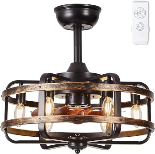 IZOWE Deckenventilator mit Beleuchtung Vintage-Käfig Deckenventilatoren Reversibel 3 Windstärken Deckenlampe mit Ventilator Leises Timing Deckenventilator mit Fernbedienung E14*6 Loft Schlafraum von IZOWE