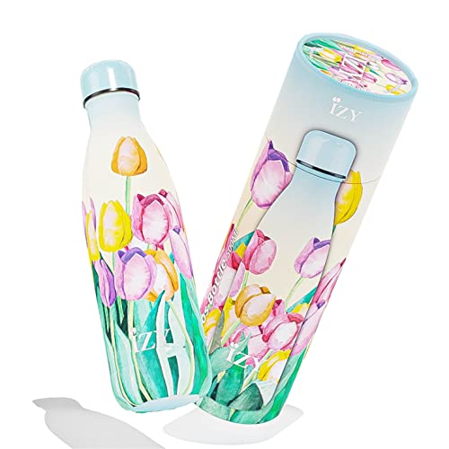 IZY Trinkflasche, Drucke, Tulpenfeld, Wasserspende, Thermoskanne, Wasserflasche, Thermobecher, BPA-frei, Trinkflasche aus rostfreiem Stahl, Heiß oder kalt für 12 Stunden, 500 ml von IZY Bottles