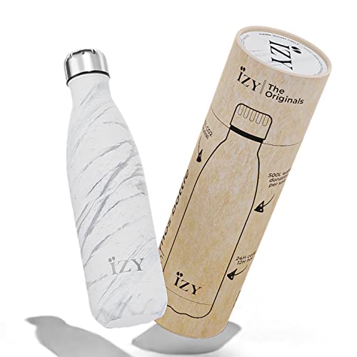 IZY Trinkflasche, Marmor, Weiß, Wasserspende, Thermoskanne, Wasserflasche, Thermobecher, BPA-frei, Trinkflasche aus rostfreiem Stahl, Heiß oder kalt für 12 Stunden, 500 ml von IZY Bottles