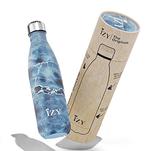 IZY Trinkflasche, Marmor, Blau, Wasserspende, Thermoskanne, Wasserflasche, Thermobecher, BPA-frei, Trinkflasche aus rostfreiem Stahl, Heiß oder kalt für 12 Stunden, 500 ml von IZY Bottles