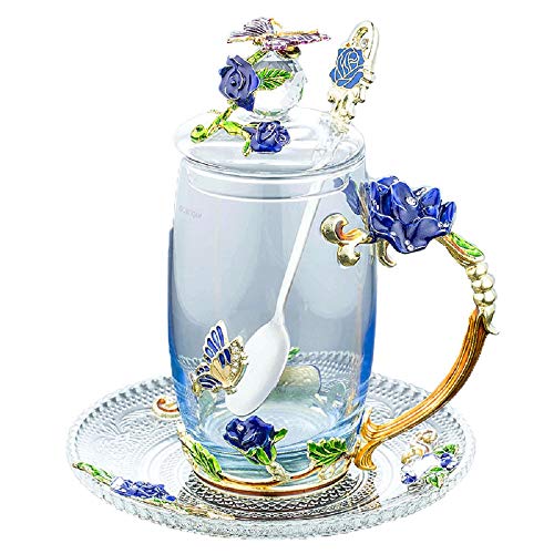 Glas Kaffeetasse, Teetasse, Vintage Blume Tasse mit Deckel, Untersetzer und Tee, einzigartiges Design aus blauer rosa Emaille und Schmetterling, Beste Geschenk Dekoration (350ml, 11.84oz) von Affogato