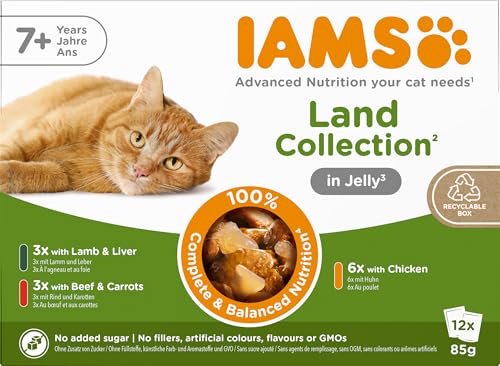 IAMS Delights Land Collection Senior Katzenfutter Nass - Multipack mit Fleisch Sorten (Huhn, Lamm & Rind) in Gelee, Nassfutter für ältere Katzen ab 7 Jahre, 12 x 85g von Iams