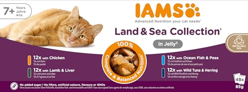 IAMS Delights Land & Sea Collection Senior Katzenfutter Nass - Multipack mit Fleisch und Fisch Sorten in Gelee, Nassfutter für ältere Katzen ab 7 Jahre, 48 x 85 g von Iams