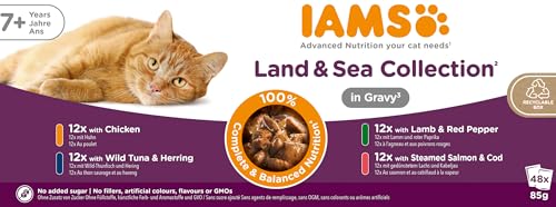 IAMS Delights Land & Sea Collection Senior Katzenfutter Nass - Multipack mit Fleisch und Fisch Sorten in Sauce, Nassfutter für ältere Katzen ab 7 Jahre, 48 x 85 g von IAMS