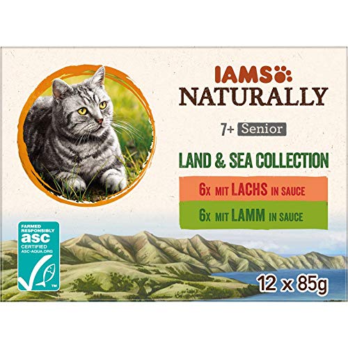 IAMS Naturally Senior Katzenfutter Nass in Sauce - hochwertiges Nassfutter mit Fleisch und Fisch für ältere Katzen, Land & Sea Collection, 12 x 85 g von Iams