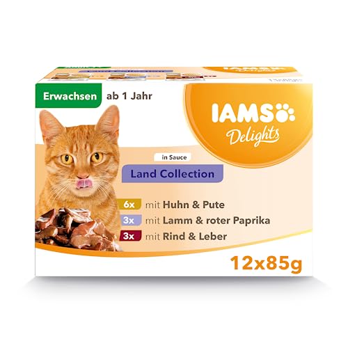 Iams Delights Land Collection Katzenfutter Nass - Multipack mit Fleisch Sorten (Lamm, Rind, Huhn & Pute) in Sauce, Nassfutter für Katzen ab 1 Jahr, 12 x 85g von Iams