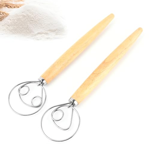 2 Stück Professioneller Teig Schneebesen, Dänischer Schneebesen, Brotteig Schneebesen, Eierschläger, Holzgriff Mixer, Backwerkzeug mit Holzgriff, für Backen Brot Gebäck Dessert Pizzateig von Ianulus