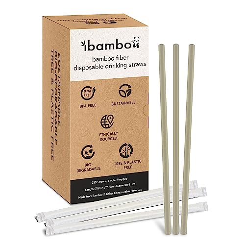 Ibambo Einweg-Trinkhalme aus Bambus, 20 cm, kompostierbar, einzeln verpackt, aus Bambusfaser für heiße und kalte Getränke, umweltfreundliche Strohhalme für Restaurant, Bar oder Zuhause, 250 Stück von Ibambo