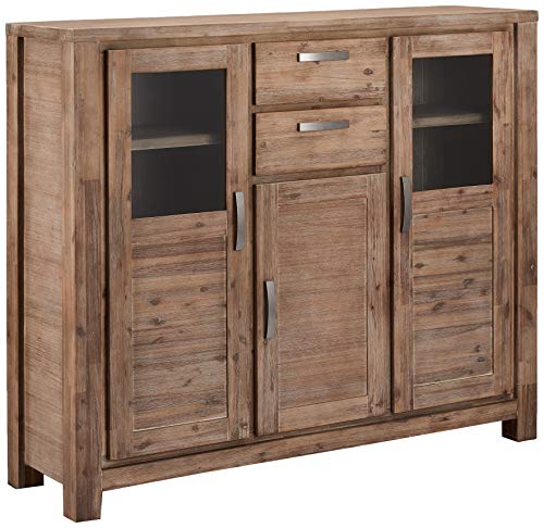 Ibbe Design Highboard Vitine Braun Lackiert Massiv Akazie Holz Vitrineschrank Alaska mit Glastüre und 2 Schubladen, L160xB45xH140cm von Ibbe Design