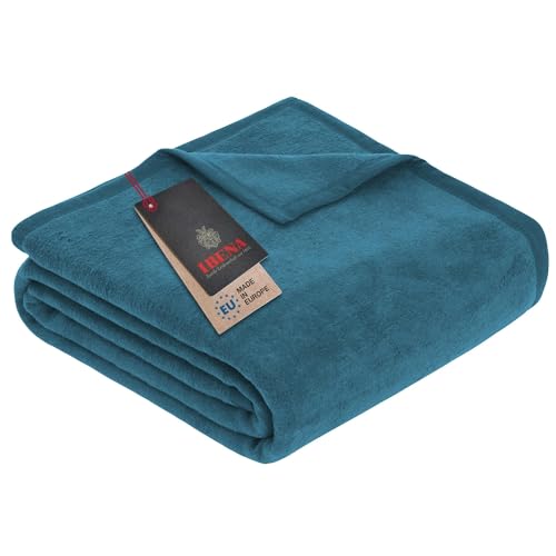 Ibena Porto XXL Decke 180x220 cm – Baumwollmischung weich, warm & waschbar, Tagesdecke Petrol einfarbig von Ibena