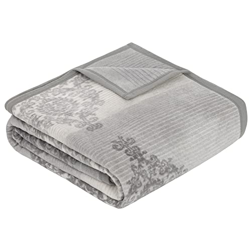 Ibena Mogila Decke 150x200 cm, Baumwollmix weich, warm & waschbar, Kuscheldecke Ornamente grau weiß von Ibena