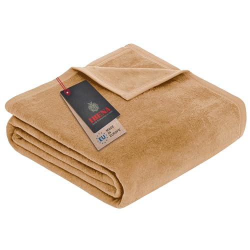 Ibena Porto XXL Decke 220x240 cm – Baumwollmischung weich, warm & waschbar, Tagesdecke cognac einfarbig von Ibena