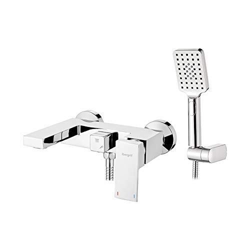 Ibergrif M13005 Winkel-Wannenbatterie-Set, Wannenbatterie mit Wanneneinlauf komplett mit Kopfbrause, Brausehalter und Brauseschlauch, verchromt, silberfarben von Ibergrif