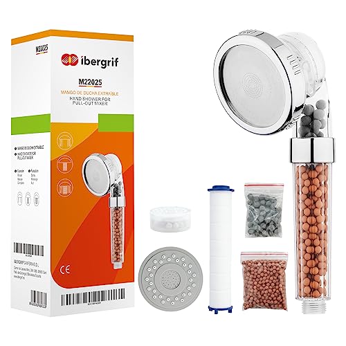 Ibergrif Duschkopf mit Filter–Wassersparende Hochdruck-Handbrause mit 3 Strahlarten, 3-Schichten-Filtration gegen Chlor, Bakterien & Kalk, Antikalk-Funktion, Chrom – Für Hartes Wasser, M22025 von Ibergrif