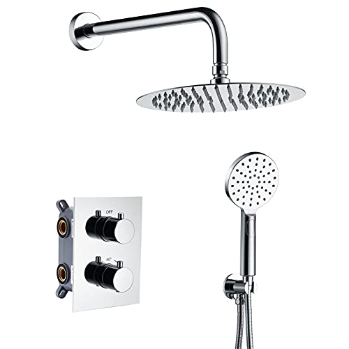 Ibergrif Gold - Unterputz Duschsystem mit Eckig Regendusche, Thermostat, Brauseschlauch, Handbrause, Brausehalter, Duschstange, Chrom von Ibergrif