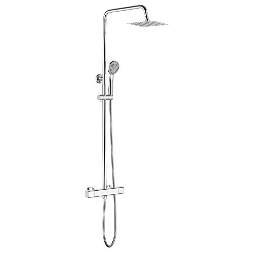 Ibergrif - Eckig Duschsystem mit Thermostat, Regendusche, Brauseschlauch, Handbrause, Brausehalter, Duschstange, Chrom von Ibergrif