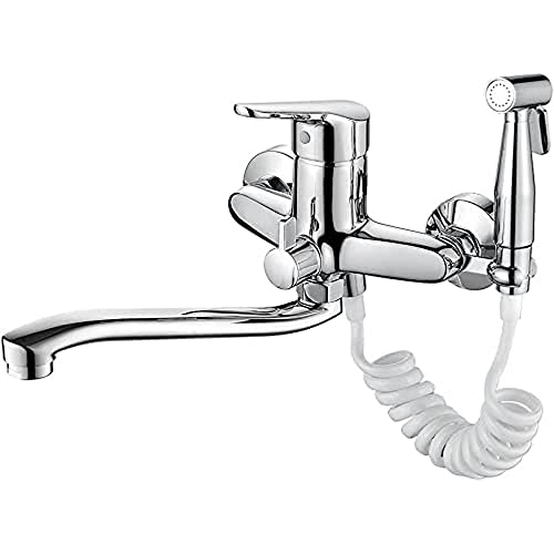 Ibergrif M13150-1, Wasserhahn Wandmontage Mit Spritzpistole(1.5M Gedehnt Werden) - Küchenarmatur Wandmontage 360° Drehbar Lange Auslauf, Spültischarmatur Küche Messing Chrom, Silber von Ibergrif