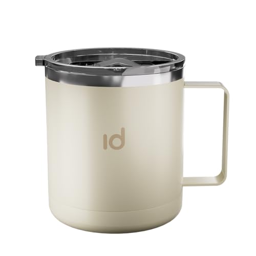 IceDrop® Edelstahl Thermo Tasse [330ml] I Thermobecher mit Deckel – 100% Auslaufsicher I Kaffeebecher to Go für 12 Stunden heiße oder kalte Getränke I Thermobecher mit Henkel - Reisebecher - Creme von IceDrop