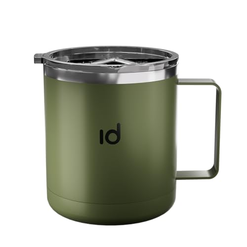 IceDrop® Edelstahl Thermo Tasse [330ml] I Thermobecher mit Deckel – 100% Auslaufsicher I Kaffeebecher to Go für 12 Stunden heiße oder kalte Getränke I Thermobecher mit Henkel - Reisebecher - Olive von IceDrop