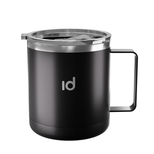 IceDrop® Edelstahl Thermo Tasse [330ml] I Thermobecher mit Deckel – 100% Auslaufsicher I Kaffeebecher to Go für 12 Stunden heiße oder kalte Getränke I Thermobecher mit Henkel - Reisebecher - Schwarz von IceDrop