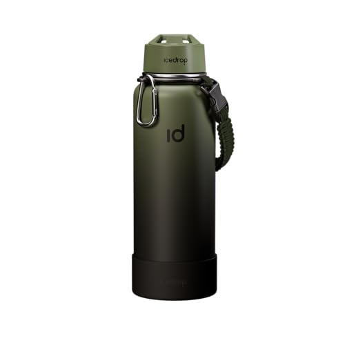 IceDrop® Thermo Trinkflasche Edelstahl [500ml] für eiskalte & heiße Getränke I 100% auslaufsicher & Kohlensäure geeignet I Isolierflasche mit 2 Deckeln I Edelstahl Trinkflasche - Olive Schwarz von IceDrop