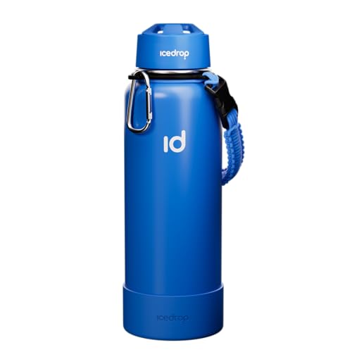 IceDrop® Thermo Trinkflasche Edelstahl [500ml] für eiskalte & heiße Getränke I 100% auslaufsicher & Kohlensäure geeignet I Isolierflasche mit 2 Deckeln I Edelstahl Trinkflasche - Blau von IceDrop