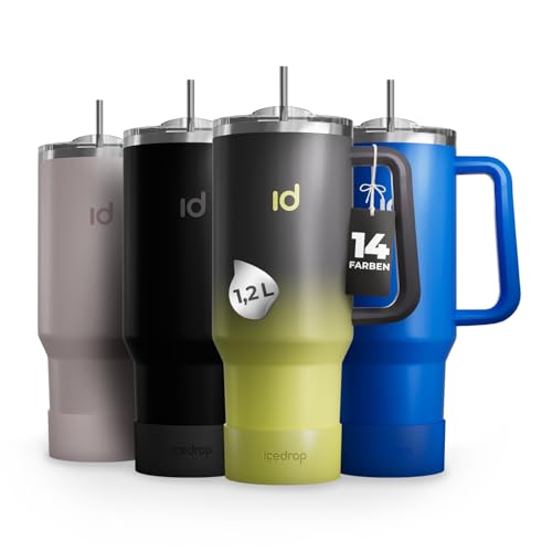 IceDrop® XXL Thermo Cup 1.2L für 12 Stunden kalte oder heiße Getränke I 100% auslaufsicherer Thermobecher mit Strohalm I robuste Trinkflasche mit Strohhalm und Griff I Tumbler Cup - Grau Neon von IceDrop
