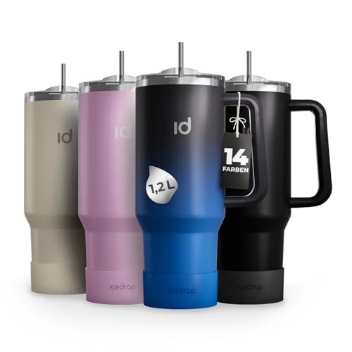 IceDrop® XXL Thermo Cup 1.2L für 12 Stunden kalte oder heiße Getränke I 100% auslaufsicherer Thermobecher mit Strohalm I robuste Trinkflasche mit Strohhalm und Griff I Tumbler Cup - Schwarz Blau von IceDrop