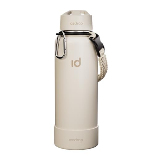 IceDrop® XXL Thermo Trinkflasche Edelstahl [1L] für eiskalte & heiße Getränke I 100% auslaufsicher & Kohlensäure geeignet I Isolierflasche mit 2 Deckeln I Edelstahl Trinkflasche - Creme von IceDrop