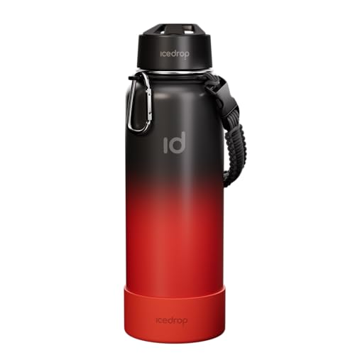 IceDrop® XXL Thermo Trinkflasche Edelstahl [1L] für eiskalte & heiße Getränke I 100% auslaufsicher & Kohlensäure geeignet I Isolierflasche mit 2 Deckeln I Edelstahl Trinkflasche - Schwarz Rot von IceDrop